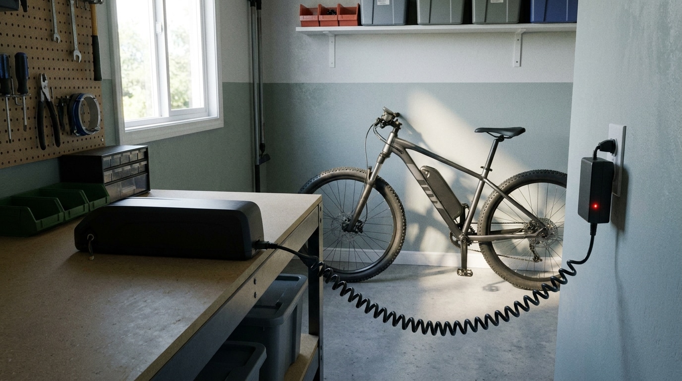 E-Bike-Akku wird an einer Wandsteckdose geladen