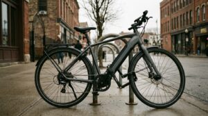 E-Bike mit Schloss an einem Fahrradständer in der Stadt