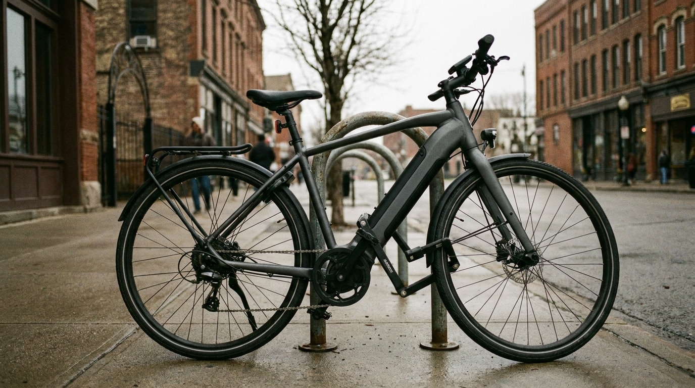 E-Bike mit Schloss an einem Fahrradständer in der Stadt