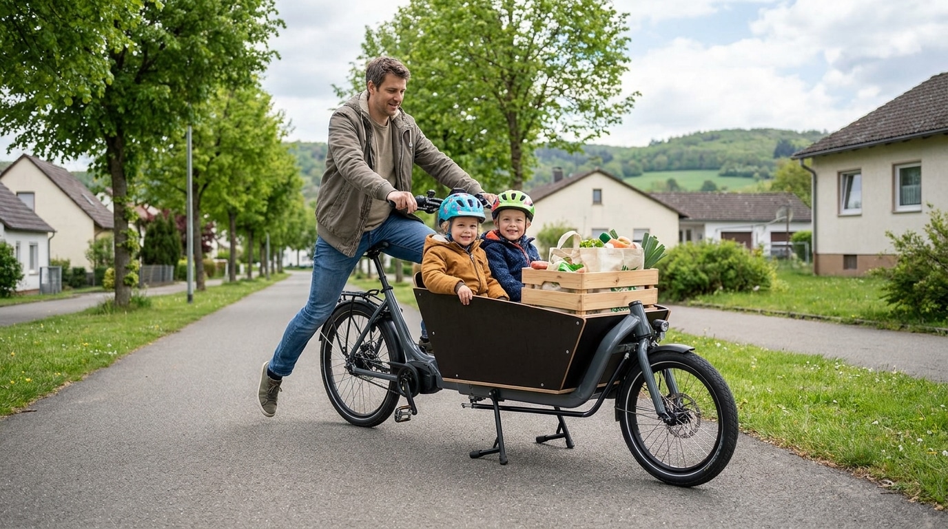 Familie mit E-Lastenrad auf einem Radweg am Stadtrand